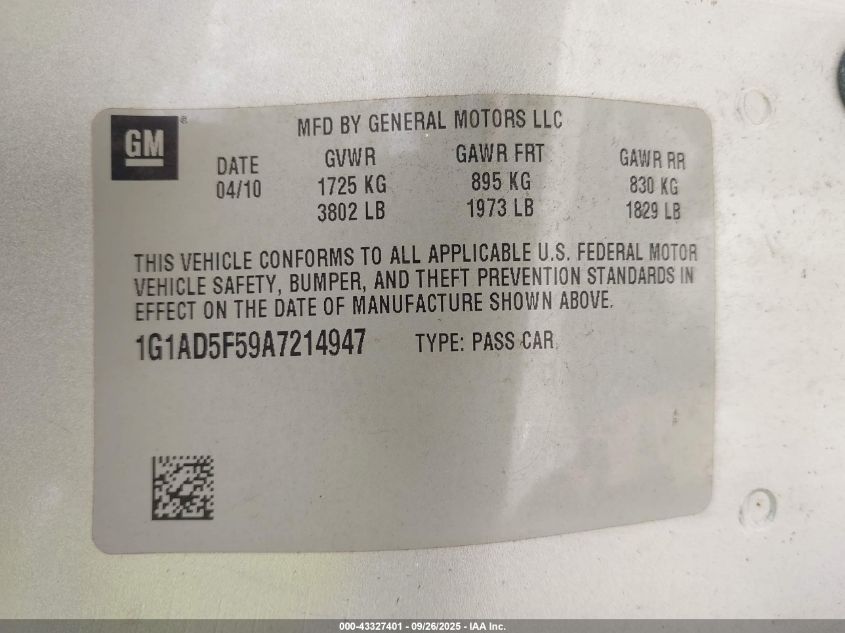 2010 Chevrolet Cobalt Lt VIN: 1G1AD5F59A7214947 Lot: 43327401