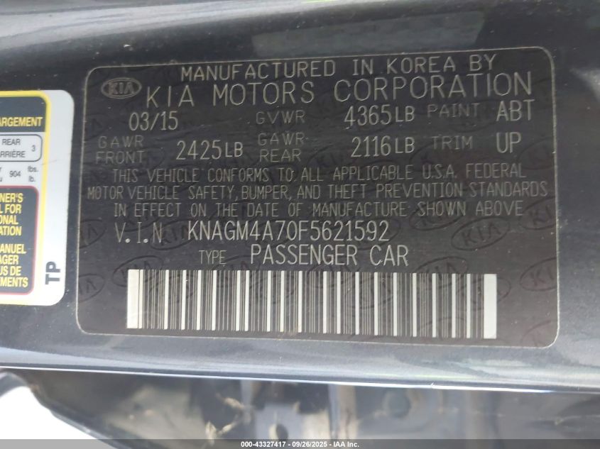 2015 Kia Optima Lx VIN: KNAGM4A70F5621592 Lot: 43327417