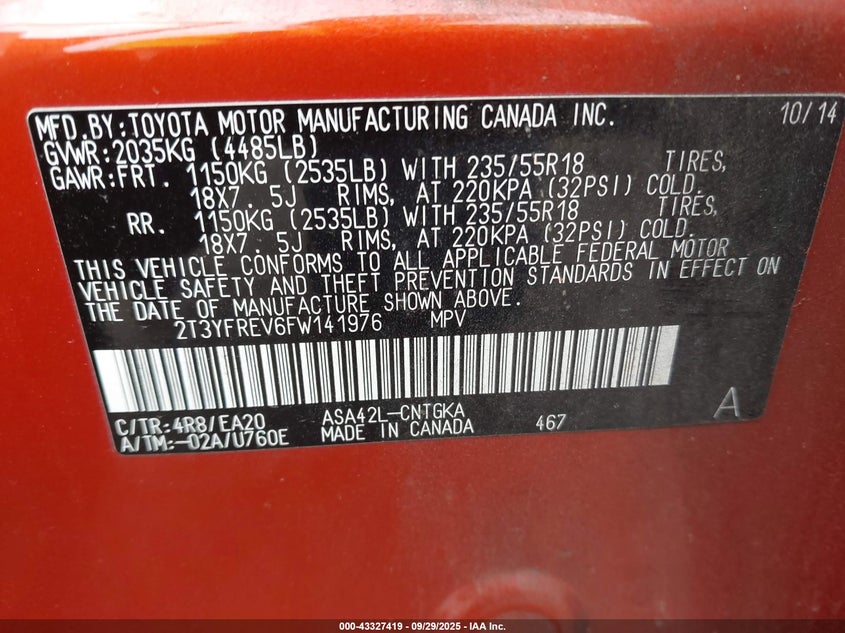 2015 Toyota Rav4 Limited VIN: 2T3YFREV6FW141976 Lot: 43327419