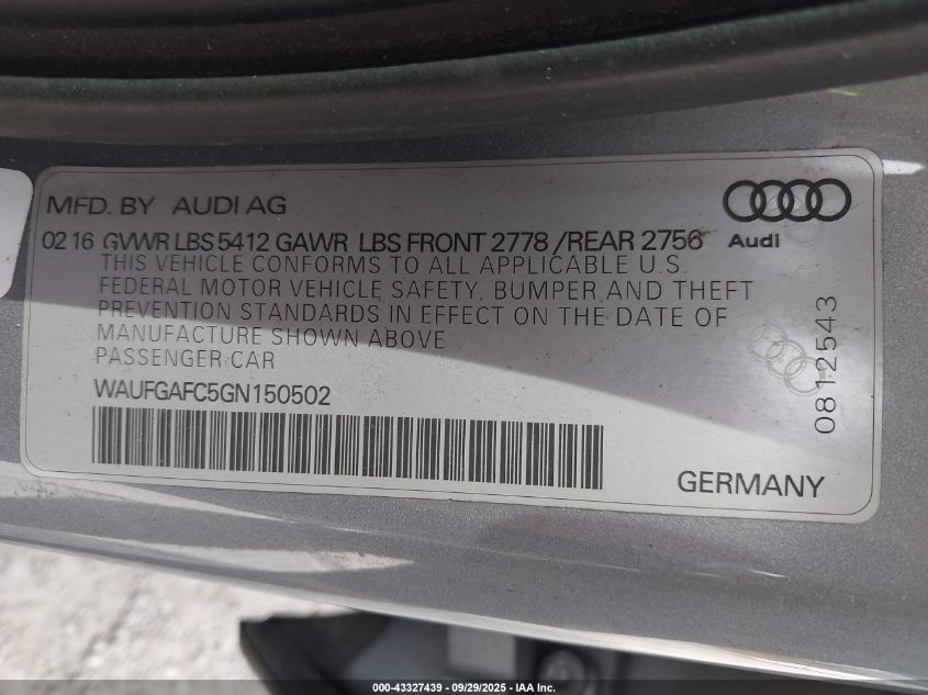 2016 Audi A6 3.0T Premium Plus VIN: WAUFGAFC5GN150502 Lot: 43327439