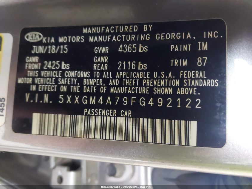 2015 Kia Optima Lx VIN: 5XXGM4A79FG492122 Lot: 43327443