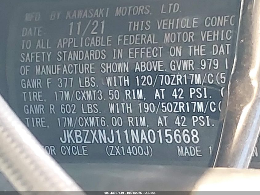 2022 Kawasaki Zx1400 J VIN: JKBZXNJ11NA015668 Lot: 43327449