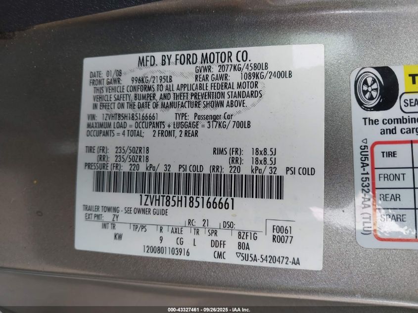 2008 Ford Mustang Gt Deluxe/Gt Premium VIN: 1ZVHT85H185166661 Lot: 43327461