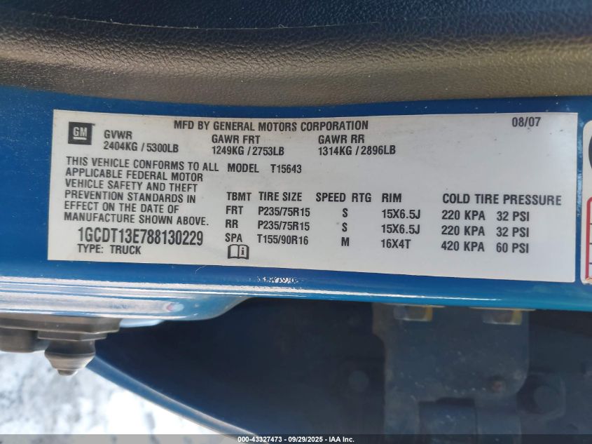 2008 Chevrolet Colorado Lt VIN: 1GCDT13E788130229 Lot: 43327473