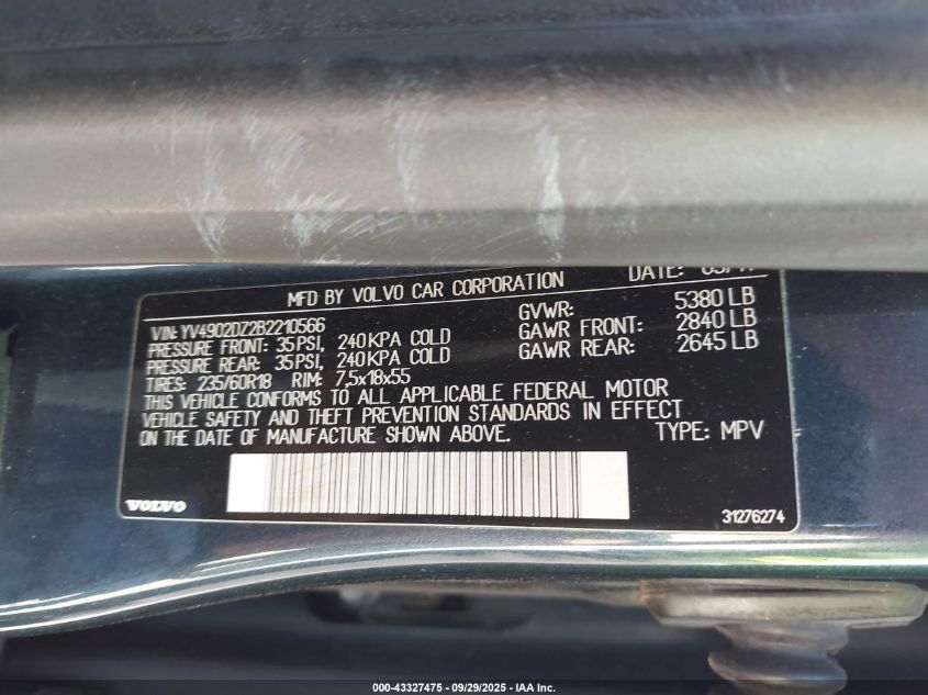 2011 Volvo Xc60 T6/T6 R-Design VIN: YV4902DZ2B2210566 Lot: 43327475