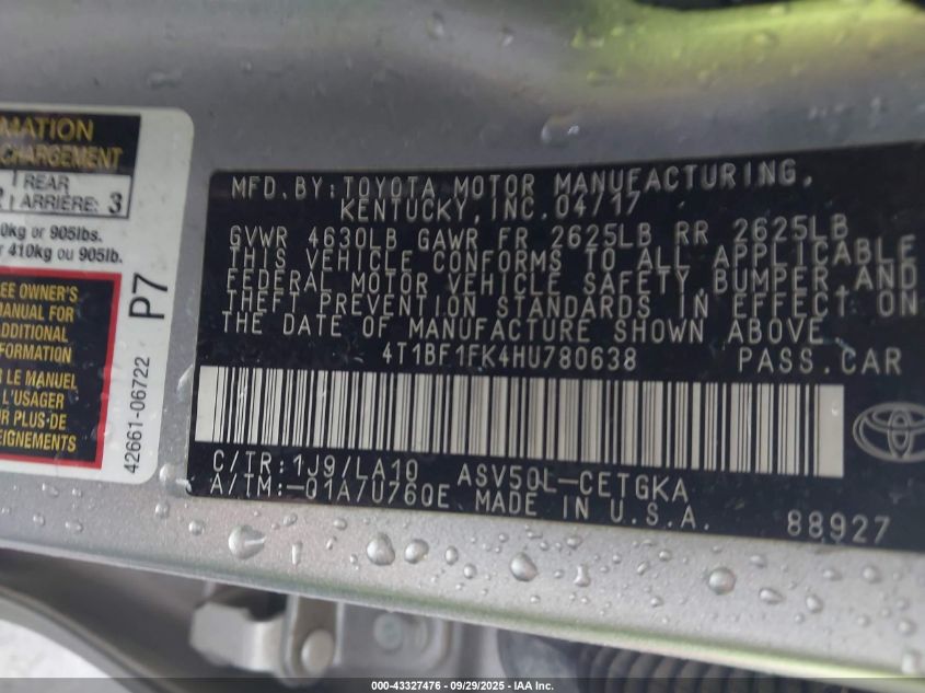 2017 Toyota Camry Xle VIN: 4T1BF1FK4HU780638 Lot: 43327476