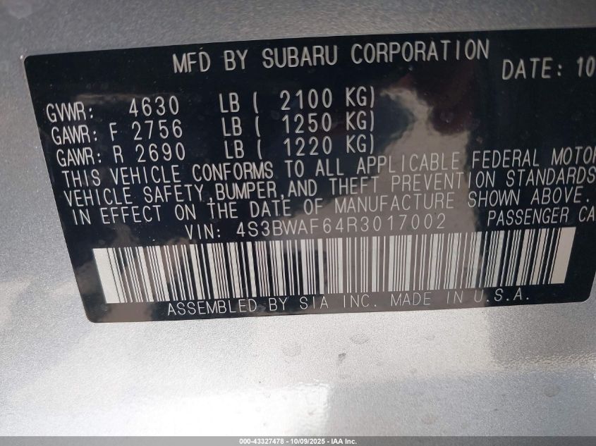 2024 Subaru Legacy Premium VIN: 4S3BWAF64R3017002 Lot: 43327478