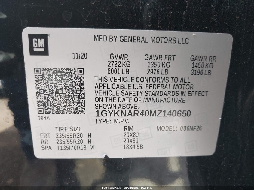 2021 Cadillac Xt5 Fwd Luxury VIN: 1GYKNAR40MZ140650 Lot: 43327488