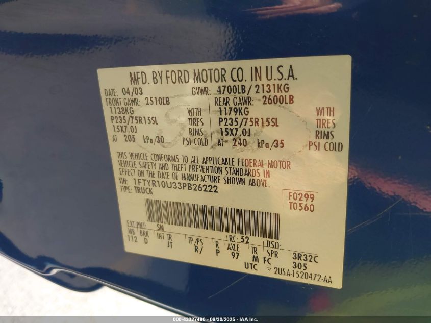 2003 Ford Ranger Edge/Xl/Xlt VIN: 1FTYR10U33PB26222 Lot: 43327490