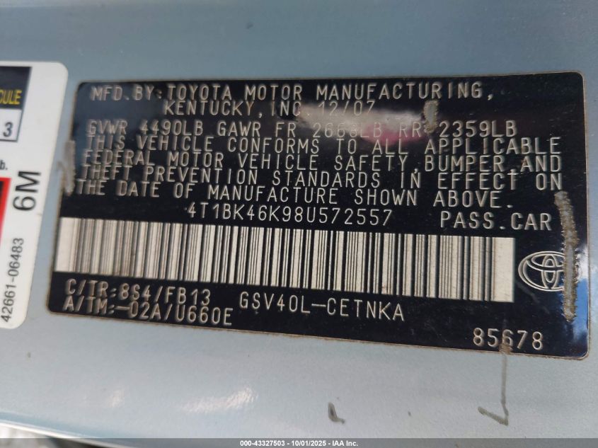 2008 Toyota Camry Le V6 VIN: 4T1BK46K98U572557 Lot: 43327503