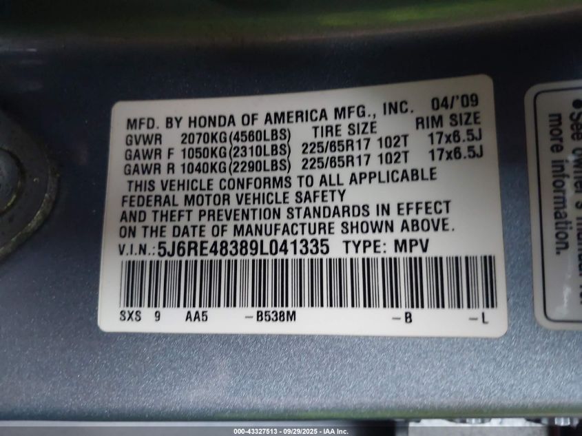 2009 Honda Cr-V Lx VIN: 5J6RE48389L041335 Lot: 43327513