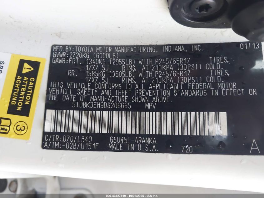 2013 Toyota Highlander Se V6 VIN: 5TDBK3EH9DS206665 Lot: 43327519