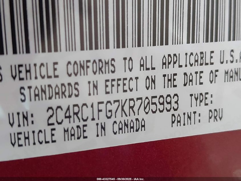 2019 Chrysler Pacifica Touring Plus VIN: 2C4RC1FG7KR705993 Lot: 43327545