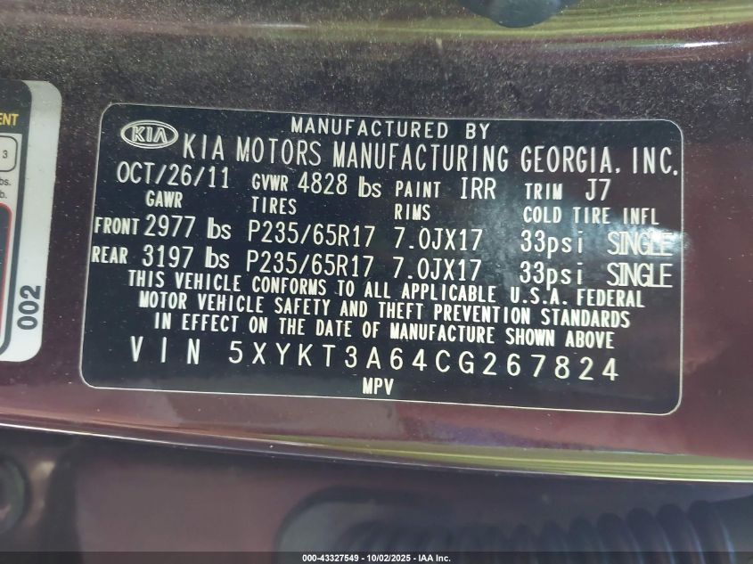 2012 Kia Sorento Lx VIN: 5XYKT3A64CG267824 Lot: 43327549