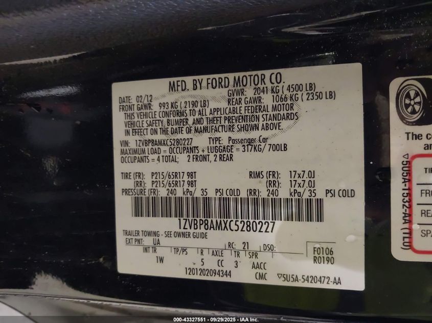 2012 Ford Mustang V6 VIN: 1ZVBP8AMXC5280227 Lot: 43327551