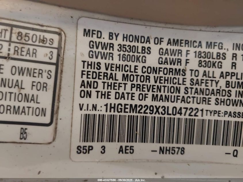 2003 Honda Civic Ex VIN: 1HGEM229X3L047221 Lot: 43327556