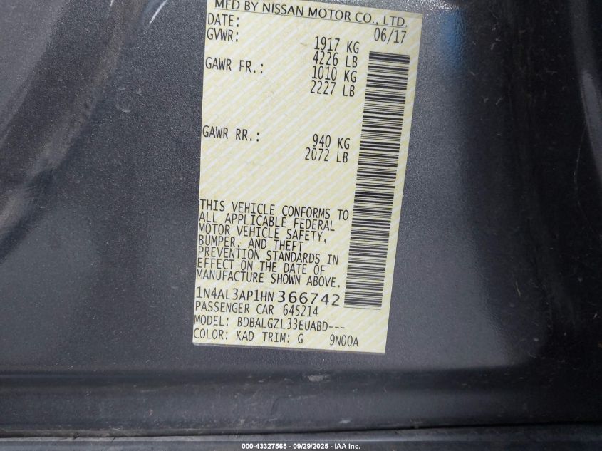 2017 Nissan Altima 2.5 S VIN: 1N4AL3AP1HN366742 Lot: 43327565