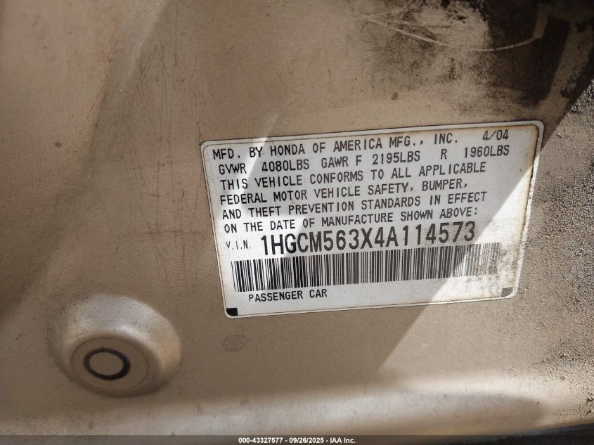 2004 Honda Accord 2.4 Lx VIN: 1HGCM563X4A114573 Lot: 43327577