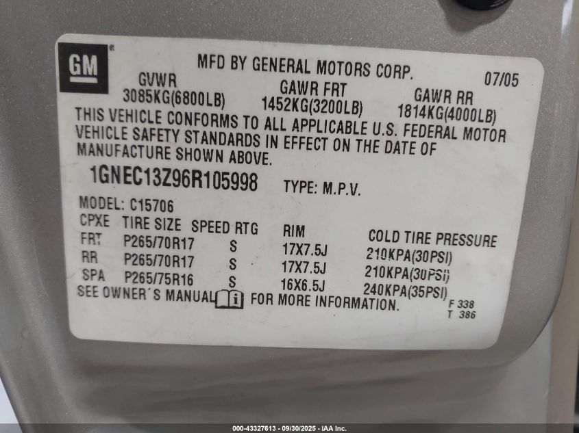 2006 Chevrolet Tahoe Z71 VIN: 1GNEC13Z96R105998 Lot: 43327613