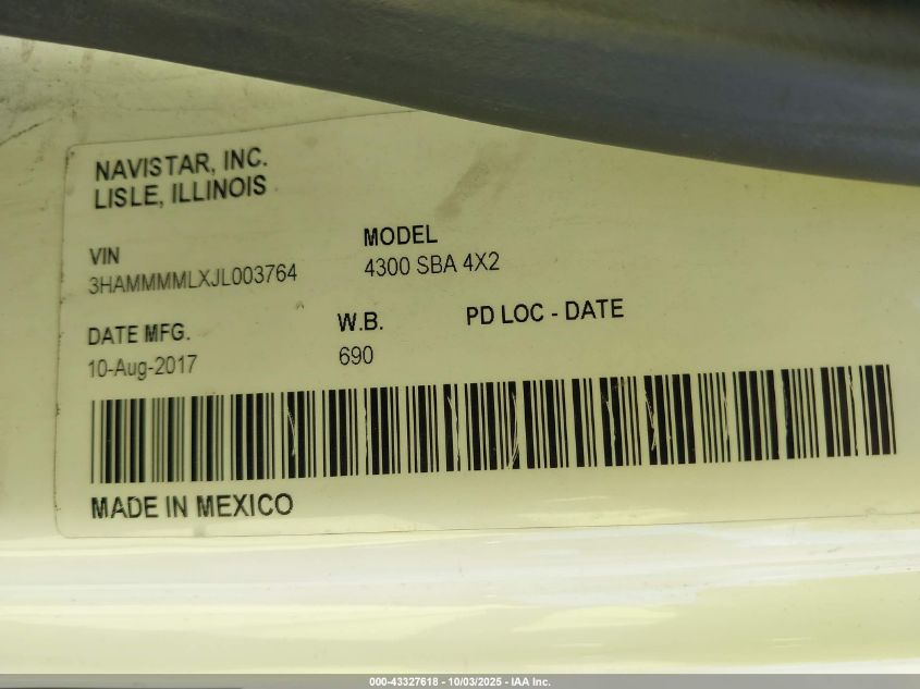 2018 International Durastar 4300 VIN: 3HAMMMMLXJL003764 Lot: 43327618