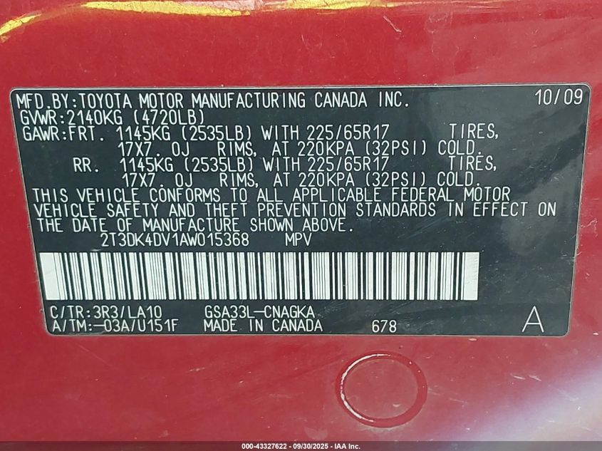 2010 Toyota Rav4 Limited V6 VIN: 2T3DK4DV1AW015368 Lot: 43327622