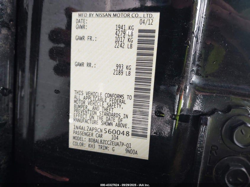 2012 Nissan Altima 2.5 S VIN: 1N4AL2AP9CN560048 Lot: 43327624