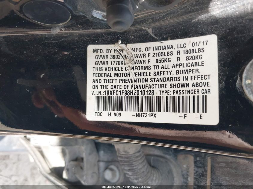 2017 Honda Civic Touring VIN: 19XFC1F98HE010128 Lot: 43327626