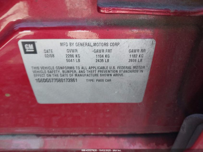 2008 Cadillac Cts Standard VIN: 1G6DG577580172861 Lot: 43327628
