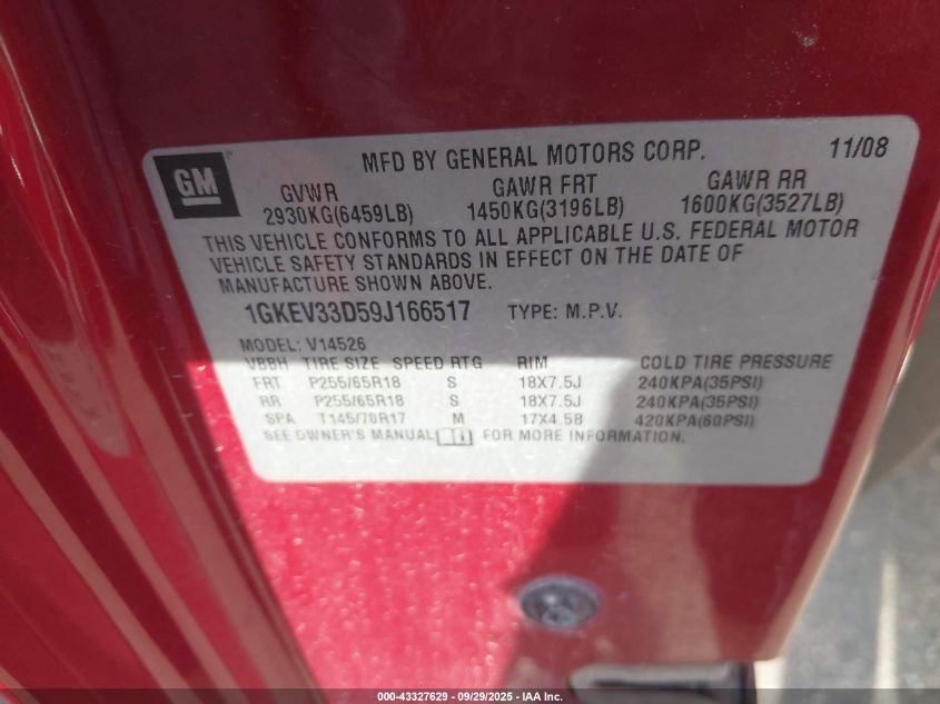 2009 GMC Acadia Slt-2 VIN: 1GKEV33D59J166517 Lot: 43327629