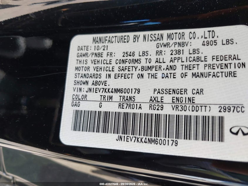 2022 INFINITI Q60 LUXE JN1EV7KK4NM600179