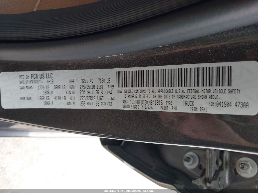 2019 Ram 1500 Laramie 4X4 6'4 Box VIN: 1C6SRFDT9KN841916 Lot: 43327682