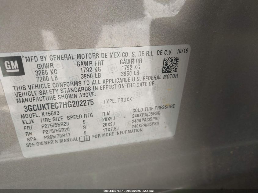 2017 Chevrolet Silverado 1500 High Country VIN: 3GCUKTEC7HG202275 Lot: 43327687