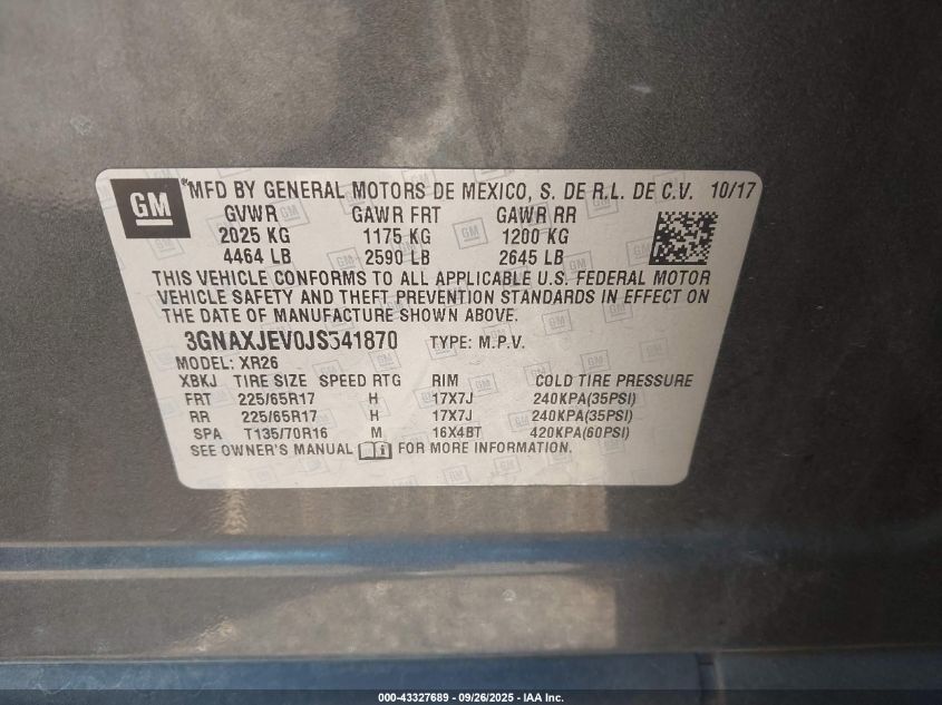 2018 Chevrolet Equinox Lt VIN: 3GNAXJEV0JS541870 Lot: 43327689