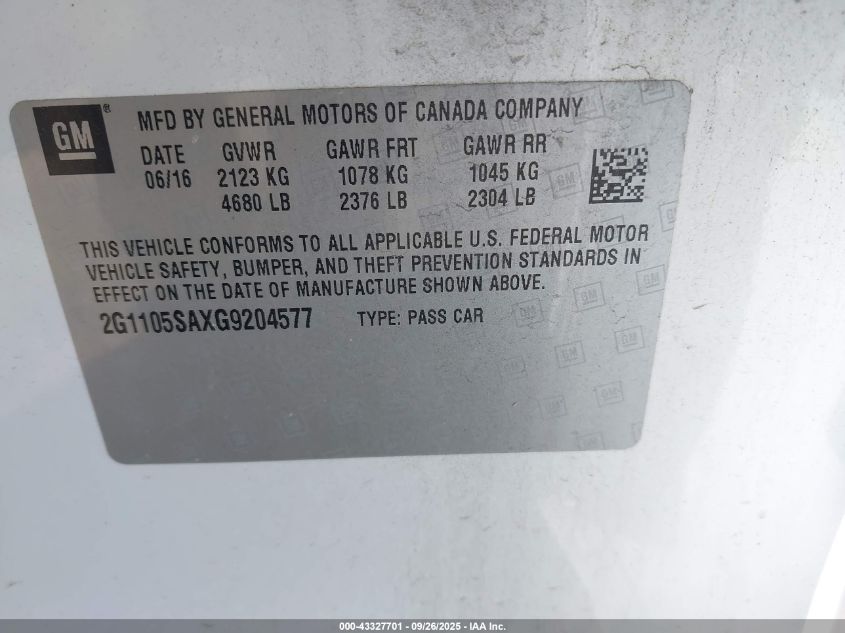 2016 Chevrolet Impala 1Lt VIN: 2G1105SAXG9204577 Lot: 43327701