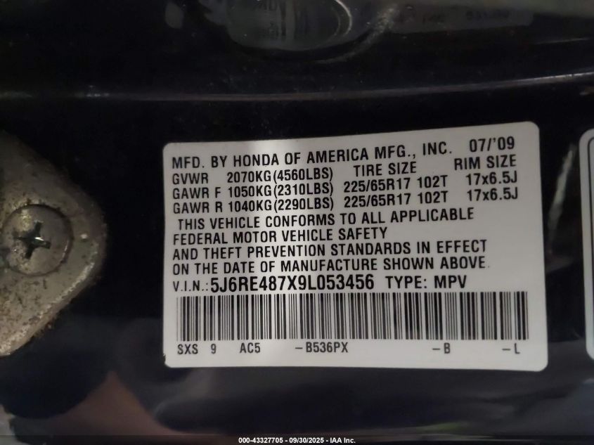 2009 Honda Cr-V Ex-L VIN: 5J6RE487X9L053456 Lot: 43327705