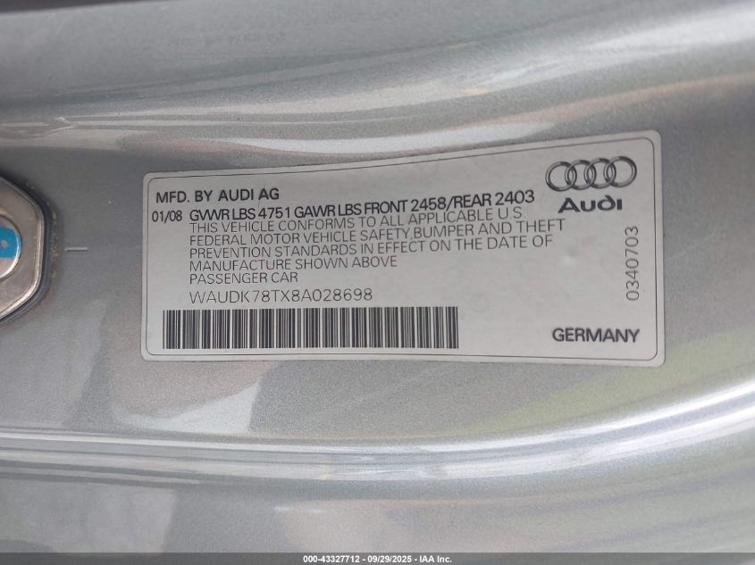 2008 Audi A5 3.2L VIN: WAUDK78TX8A028698 Lot: 43327712