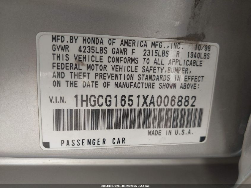 1999 Honda Accord Ex V6 VIN: 1HGCG1651XA006882 Lot: 43327728