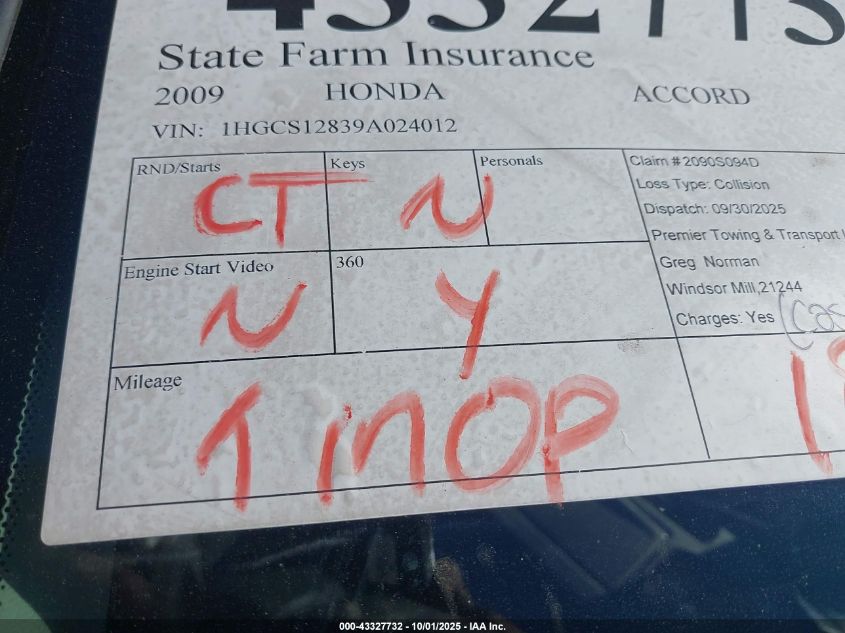 2009 Honda Accord 2.4 Ex-L VIN: 1HGCS12839A024012 Lot: 43327732