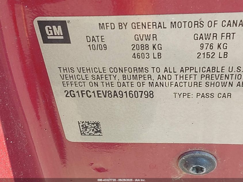 2010 Chevrolet Camaro 2Lt VIN: 2G1FC1EV8A9160798 Lot: 43327739