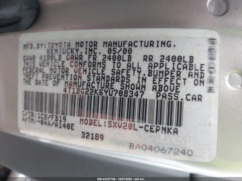 2000 Toyota Camry Le VIN: 4T1BG22K6YU708347 Lot: 43327746