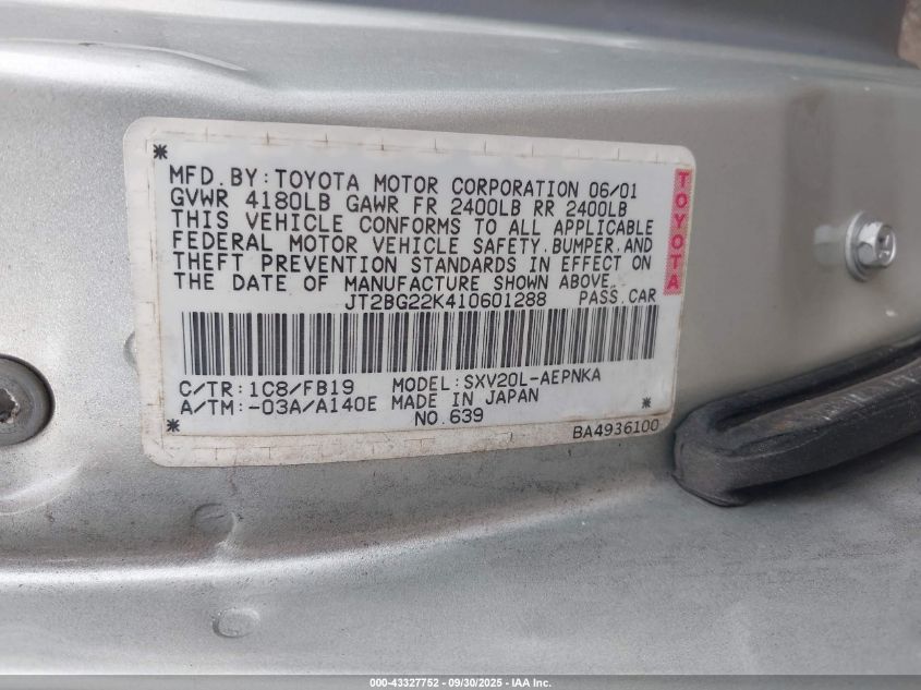 2001 Toyota Camry Le VIN: JT2BG22K410601288 Lot: 43327752