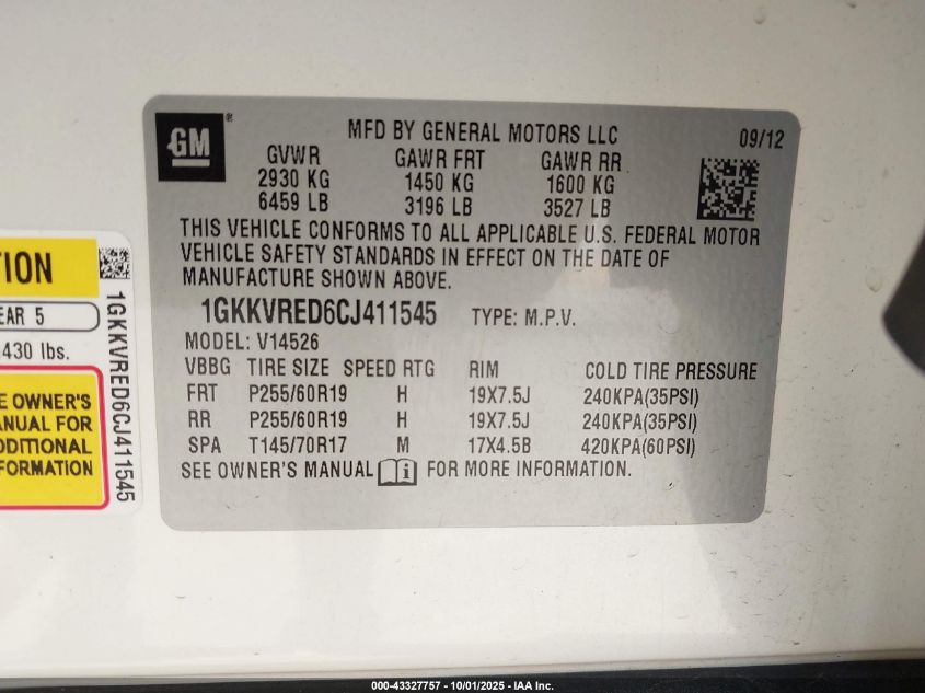 2012 GMC Acadia Slt-1 VIN: 1GKKVRED6CJ411545 Lot: 43327757