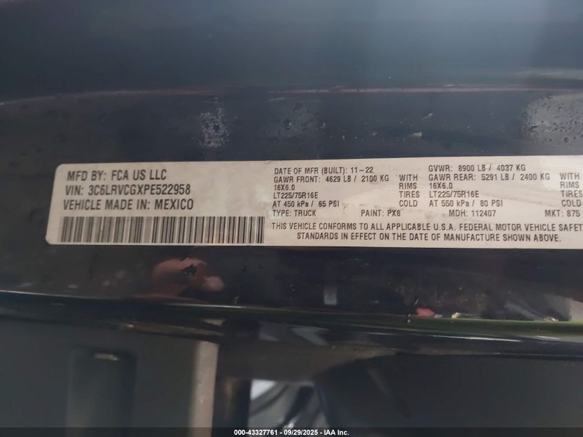 2023 Ram Promaster 2500 High Roof 136 Wb VIN: 3C6LRVCGXPE522958 Lot: 43327761