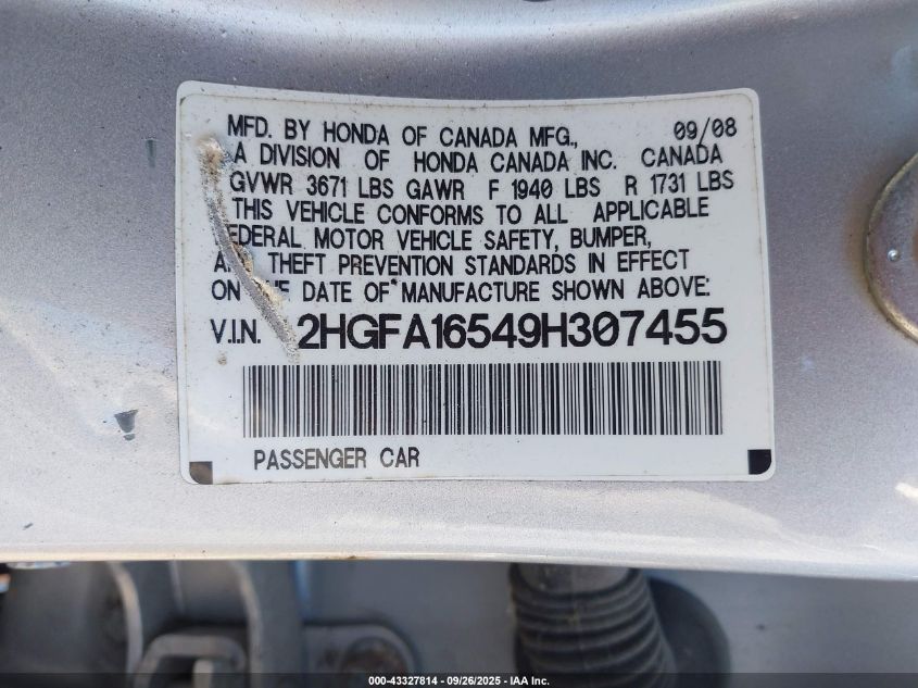 2009 Honda Civic Lx VIN: 2HGFA16549H307455 Lot: 43327814