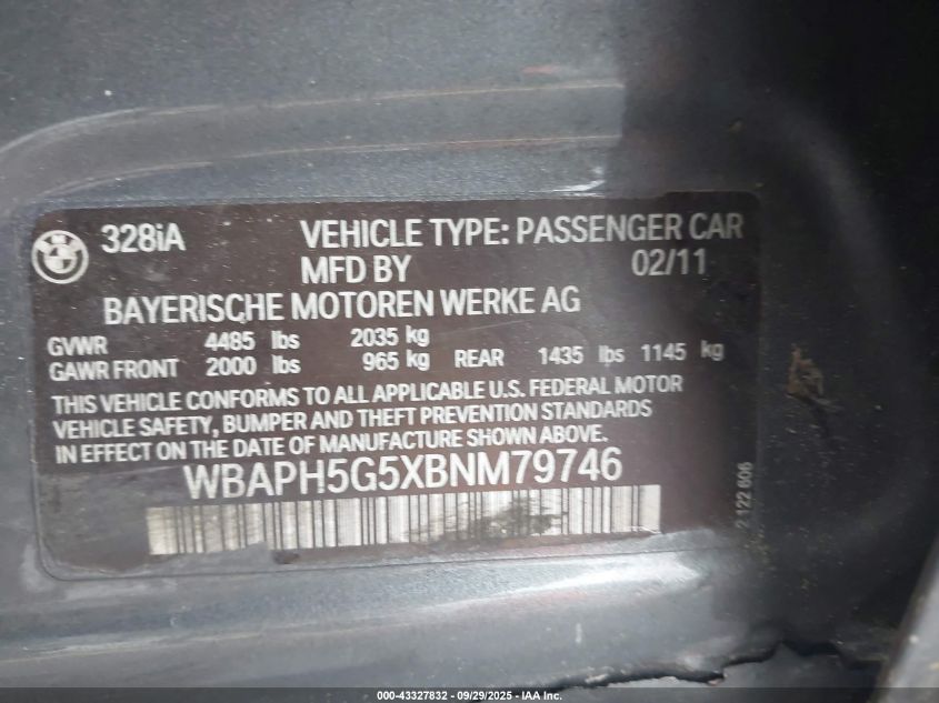 2011 BMW 328I VIN: WBAPH5G5XBNM79746 Lot: 43327832
