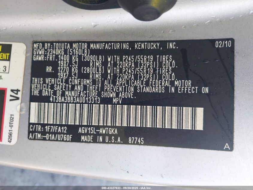 2010 Toyota Venza VIN: 4T3BA3BB3AU013313 Lot: 43327833