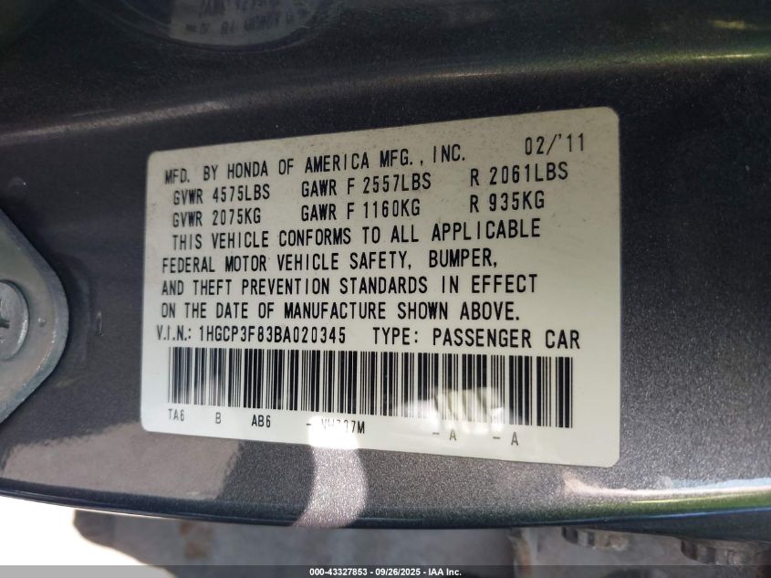 2011 Honda Accord 3.5 Ex-L VIN: 1HGCP3F83BA020345 Lot: 43327853