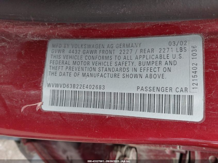 2002 Volkswagen Passat Gls VIN: WVWVD63B22E402683 Lot: 43327861