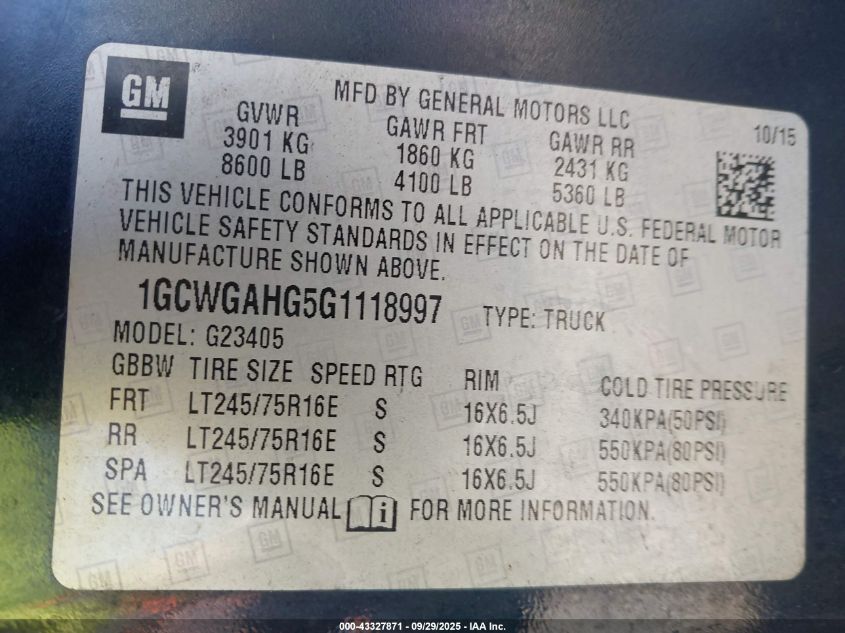 2016 Chevrolet Express 2500 VIN: 1GCWGAHG5G1118997 Lot: 43327871