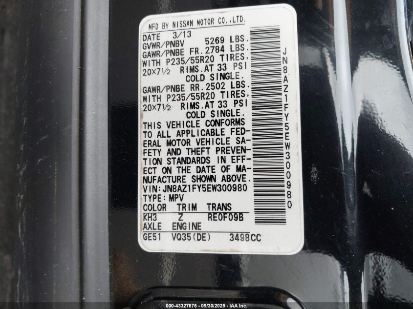 2014 Nissan Murano Crosscabriolet VIN: JN8AZ1FY5EW300980 Lot: 43327876